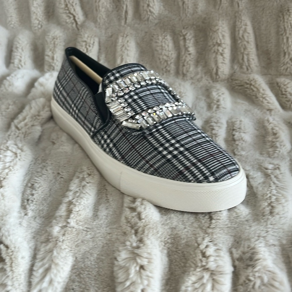 NWOT Plaid Karl Lagerfield slip on shoes with crystal buckles size 6.5